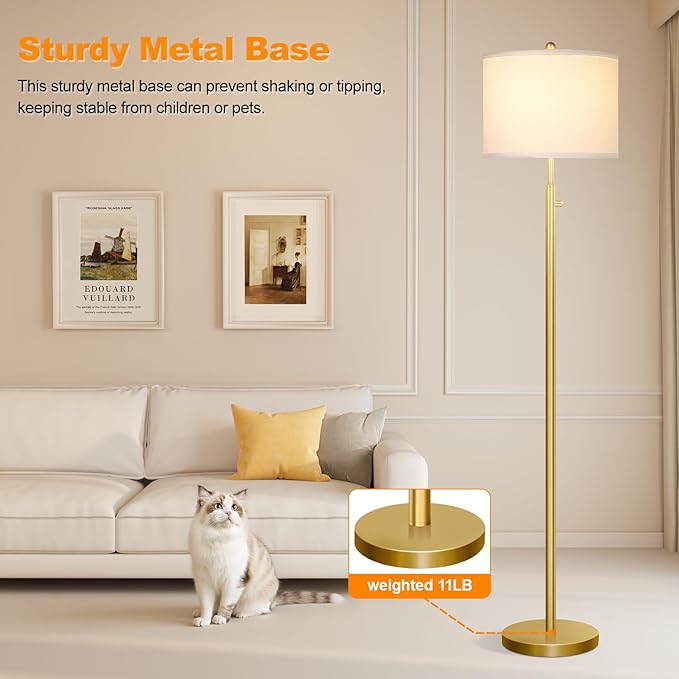 Nintiue 【Upgraded】 Dimmable Floor Lamp for Living Room, 11W LED Bulb Included, Modern Standing Lamp, Tall Pole Light with Linen Shade for Bedroom Reading Office Corner Nursery-Gold