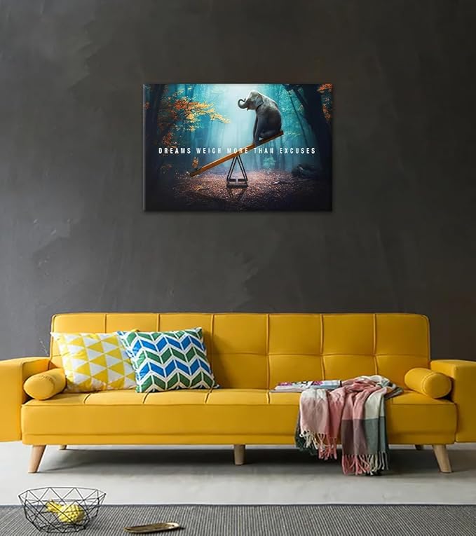 Wall Art Dreams Weigh More Than Excuses Painting on Canvas Inspirational Picture Motivational Quotes Poster Elephant and Butterfly Prints for Home Decor Living Room, Framed 24" H x 36" W