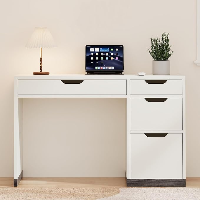 White Desk with Drawers, Small Home Office Desk with 4 Storage Drawers for Small Space, Study Writing Desk for Bedrrom