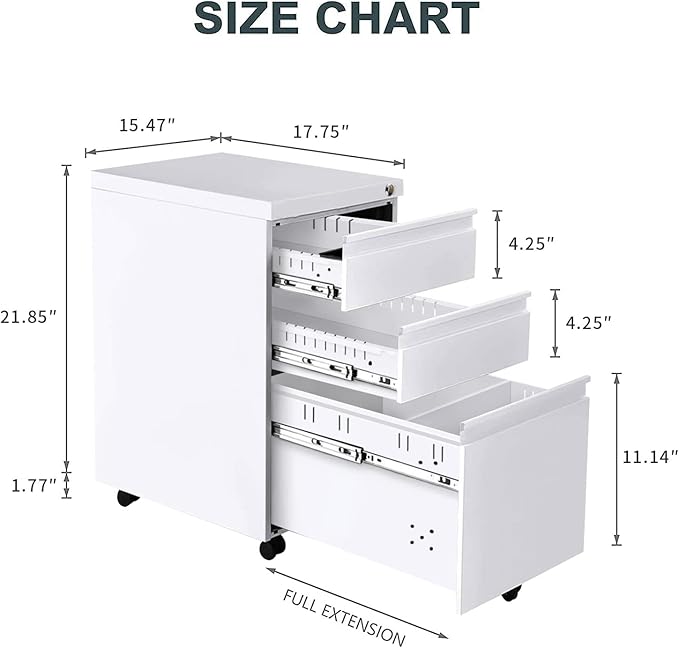 Yiguo 3-Drawer Mobile File Cabinet with Lock, Rolling Office File Cabinet Under Desk, Metal Filing Cabinet with Wheels for Legal Letter File (White)