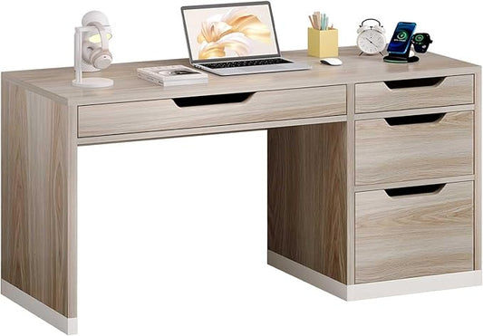 52 Inch Desk with 4 Drawers, Computer Desk with Storage File Drawer for Bedroom, Small Office Desk with Storage for Small Space, Walnut