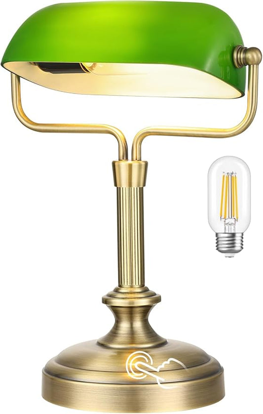 Vintage Banker Lamp, Green Glass, Touch Control, 3-Way Dimmable, LED 6W, Brass Finish (Antique Brass+Green+Touch)