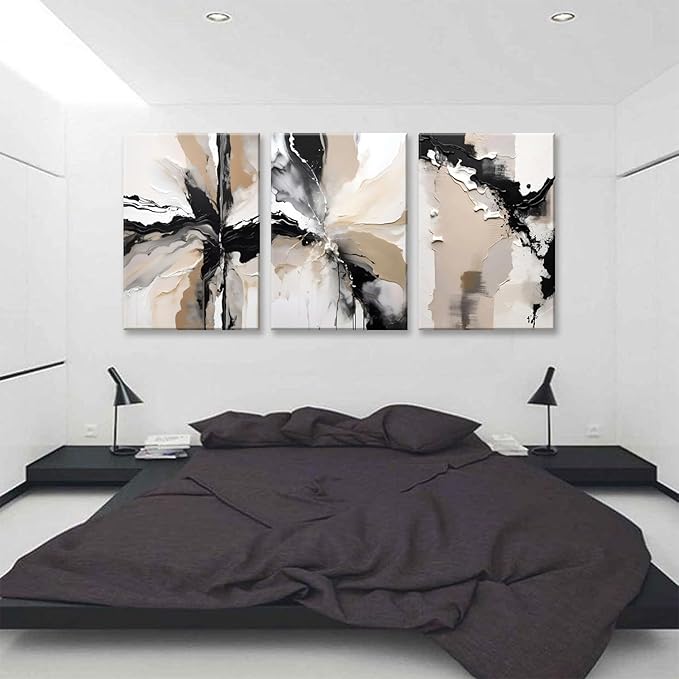 LYPHNX Framed Black and Brown Abstract Geometric Canvas Wall Art Modern Grey White Beige Print Poster Set of 3 Painting Terracotta Brush Strokes Picture Home Decor for Bathroom Bedroom Office 16"x24"