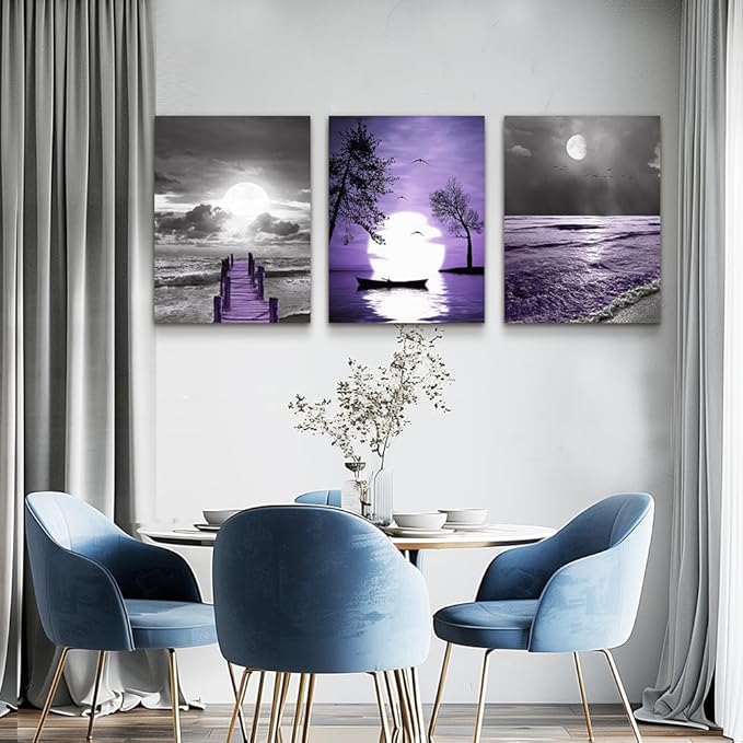 Canvas Wall Art For Living Room Large Size Wall Decorations For Office Artwork Wall Painting Bedroom Wall Decor Black And White Ocean Purple Landscape Modern Family Posters 3 Piece Framed Home Decor