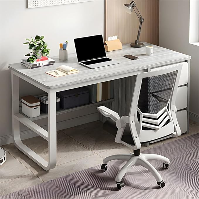 NIUYAO Small Computer Desk with 3-Tier Drawers Modern Writing Table Storage Shelves Work Desk PC Table Home Office Corner Study Desk Without Chair (Wood, 55" L x 19.5" W x 29" H)