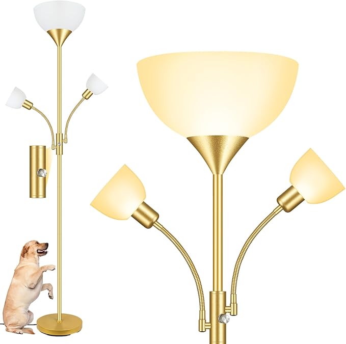 Floor Lamp, Torchiere Floor Lamps for Living Room, 71 Inch Tall Standing Lamp, Bedroom Lamps with Reading Light, Rotary Switch, 3 Plastic Lampshade, Torch Floor lamps for Bedroom (Gold, No Bulb)