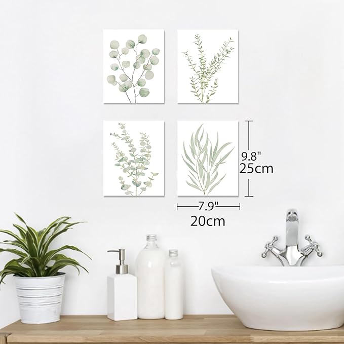 Erctoo Botanical Plant Canvas Wall Art, Framed Boho Wall Decor for Bathroom, Minimalist Aesthetic Bedroom Wall Art, Sage Green Eucalyptus Leaf Prints for Office, Set of 4PCS, 8”X10”