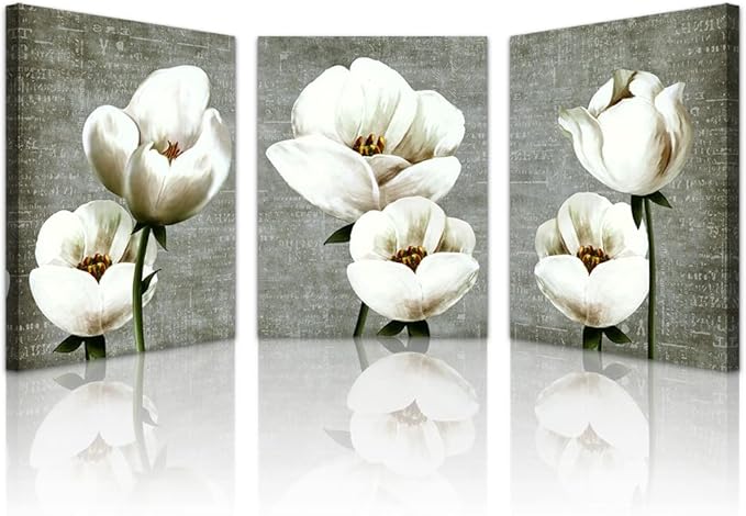Lapremoly Canvas Wall Art For Bedroom Room Modern Wall Decor For Living Room Gray Green Vintage Style Wall Painting Artwork White Flowers Abstract Pictures 3 Panels Ready To Hang Kitchen Home Decor