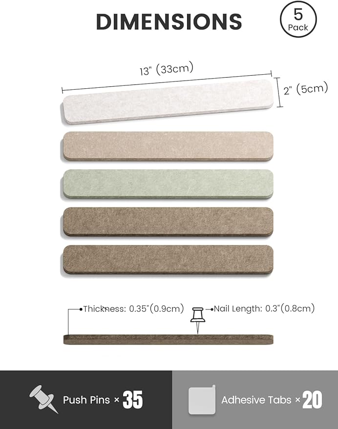 Fluxynara Cork Board Alternative Felt Strip Board 5-Pack 13"x2", Office Pin Board with 35 Push Pins, Adhesive Install for Bedroom Door & Home Office(Linen Dusk)
