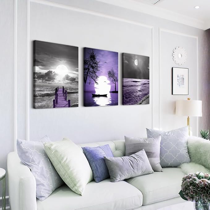 Canvas Wall Art For Living Room Large Size Wall Decorations For Office Artwork Wall Painting Bedroom Wall Decor Black And White Ocean Purple Landscape Modern Family Posters 3 Piece Framed Home Decor