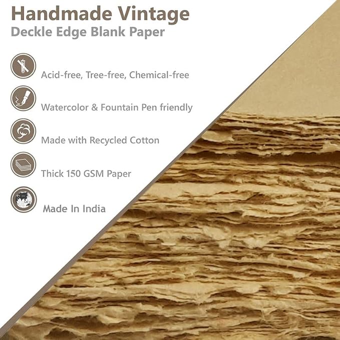 Deckle Papers Handmade Deckle Edge Printer Friendly Blank Paper Mixed Media Loose Leaf Paper -Thick 150 GSM Size-A4 Pack of-50-Brown