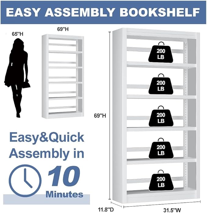 White Bookshelf，6-Tier Bookcase with Adjustable Storage Shelves，Metal Bookshelf with Book Stopper for Living Room, Home Office, Library