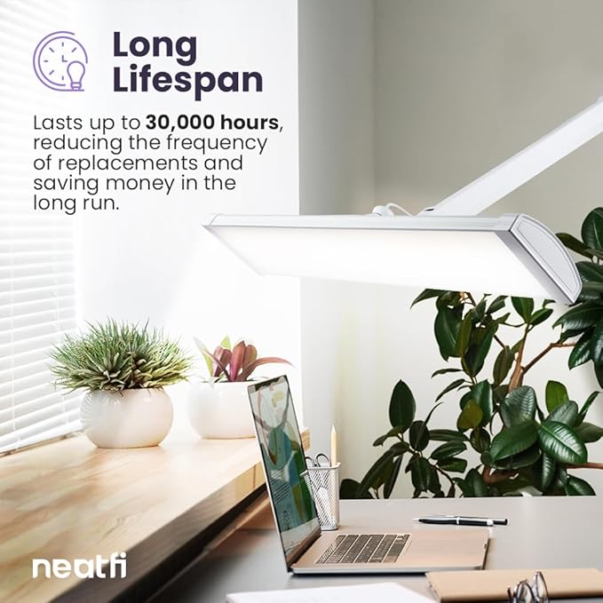 Neatfi Ultra 3,500 Lumens LED Desk Lamp – 45W, 26” Wide Metal Shade, 270 SMD LEDs, Shadow-Free | Adjustable Brightness | Non-Flickering Task Light for Nail, Craft & Office (Non-CCT with Base, White)