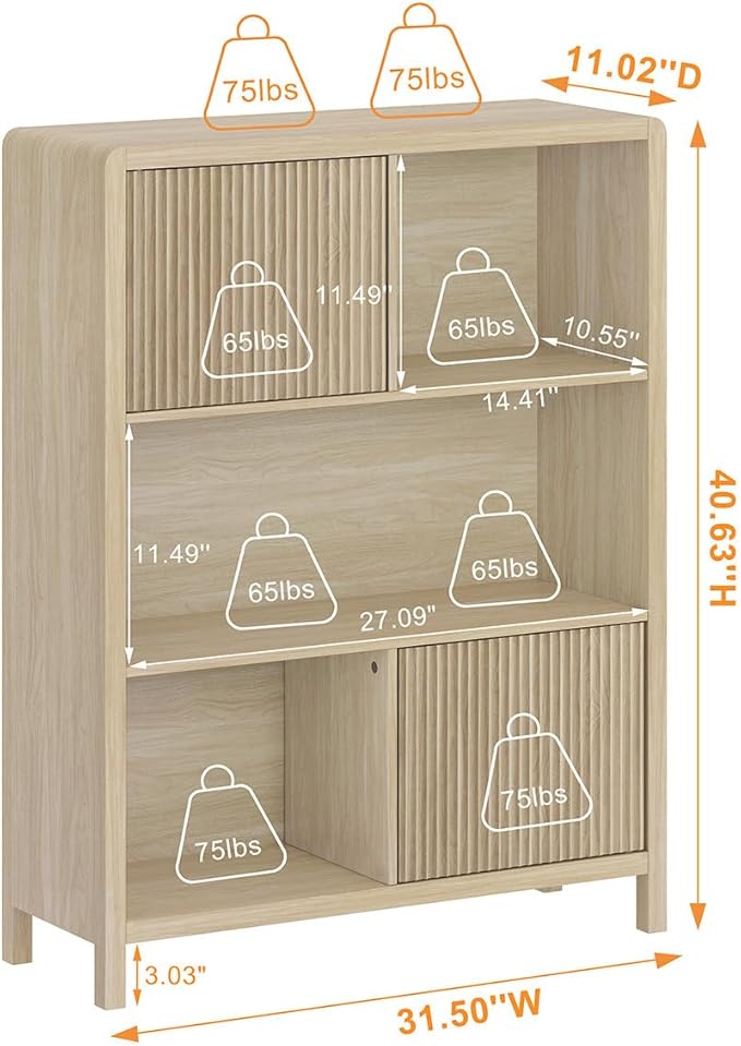 FATORRI Cube Bookshelf with 2 Doors, Wood Bookcase with Storage, Modern 5 Cubby Book Shelf for Home Office Living Room (Light Walnut)