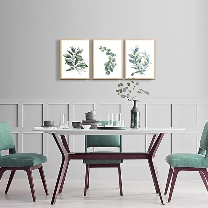 Hyidecorart Wood Framed Wall Art - Large Green Leaves Wall Paintings Set of 3 Piece Framed Prints for Living Room, Bedroom, Kitchen, Office Decor