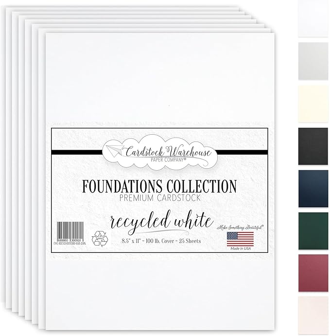 Cardstock Warehouse Foundations 100% Recycled White Cardstock Paper - 25 Sheets, 8.5 x 11" - 100 Lb/ 270 GSM Premium Recycled White Card Stock for Card Making, Laser, Inkjet Printing & DIY Projects