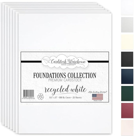 Cardstock Warehouse Foundations 100% Recycled White Cardstock Paper - 25 Sheets, 8.5 x 11" - 100 Lb/ 270 GSM Premium Recycled White Card Stock for Card Making, Laser, Inkjet Printing & DIY Projects