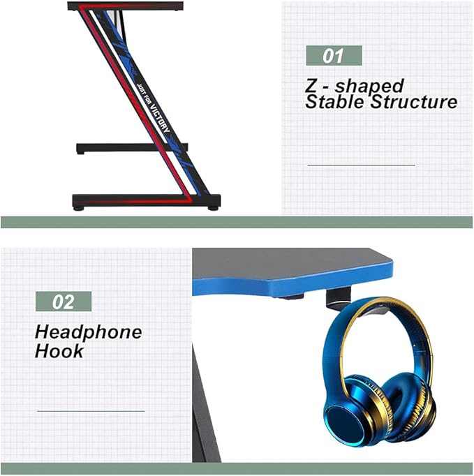 BestOffice Gmaing Desk 35.4in PC Computer Desk, Blue Ergonomic Gaming Table Z Shaped Gaming Workstation with Headphone Hook for Home Office，Blue