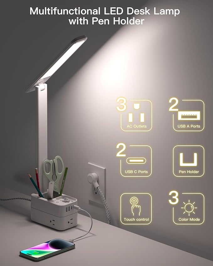 Addtam LED Desk Lamp with Pen Holder, Study Lamps with 3 Outlets 4 USB Charging Ports(2 USBC), 3 Color Modes Desk Light Touch Lamp, Small Desk Lamps for Home Office College Dorm Room Essentials
