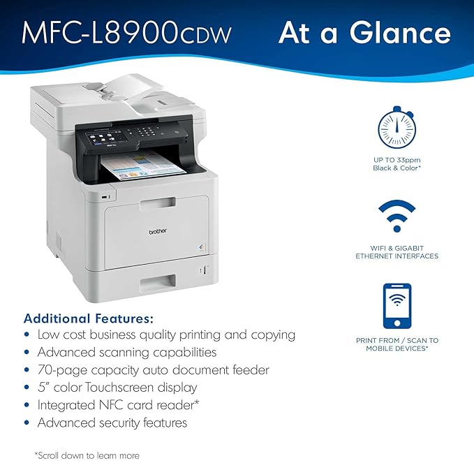 Brother MFC-L8900CDWA Wireless All-in-One Color Laser Printer for Office, Green - Print Copy Scan Fax - 33 ppm, 2400 x 600 dpi, 5" Touchscreen LED, Auto Duplex Printing, 70-Sheet ADF, Printer Cable