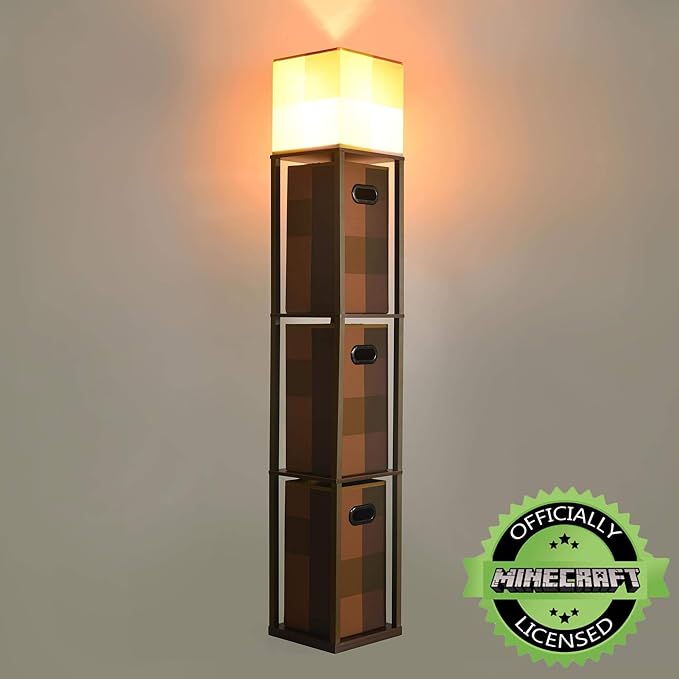 Minecraft Brownstone Torch 5-Foot Standing Floor Lamp and Storage Unit | Includes 3 Cube Organizer Storage Bins