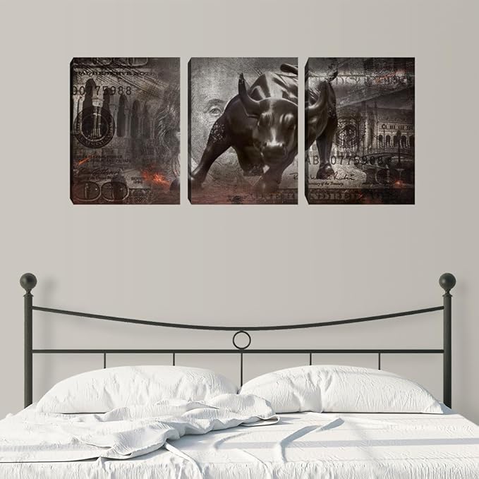 3 Pieces Bull Abstract Wall Art Motivational Wall Art Canvas Office Decor Inspirational Entrepreneur Quotes Picture Poster Framed Art Paintings Home Decoration - 48" W x 24" H