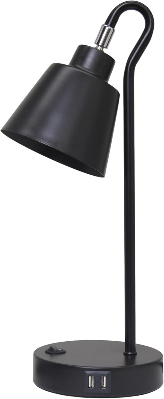 Simple Designs LD1073-BLK 16" Sleek Essentials Metal Looped Desk Task Lamp with Adjustable Shade and Dual USB Ports, for Office, Desk, Nightstand, Black