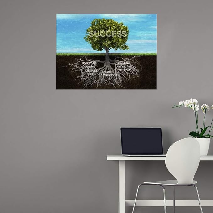 Framed Motivational Canvas Wall Art Success Tree Roots Inspirational Posters Office Quotes Wall Decor Entrepreneur Posters Ready to Hang for Home Office Decor - 24''Hx36''W