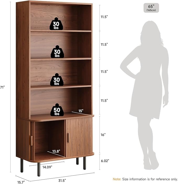 ONBRILL 71" Tall Bookshelf, 4-Tier Bookcase with Storage Cabinet & Adjustable Storage Shelf, Freestanding Wood Bookshelf with Sliding Door and Adjustable Footpad, for Home Office, Living Room, Walnut