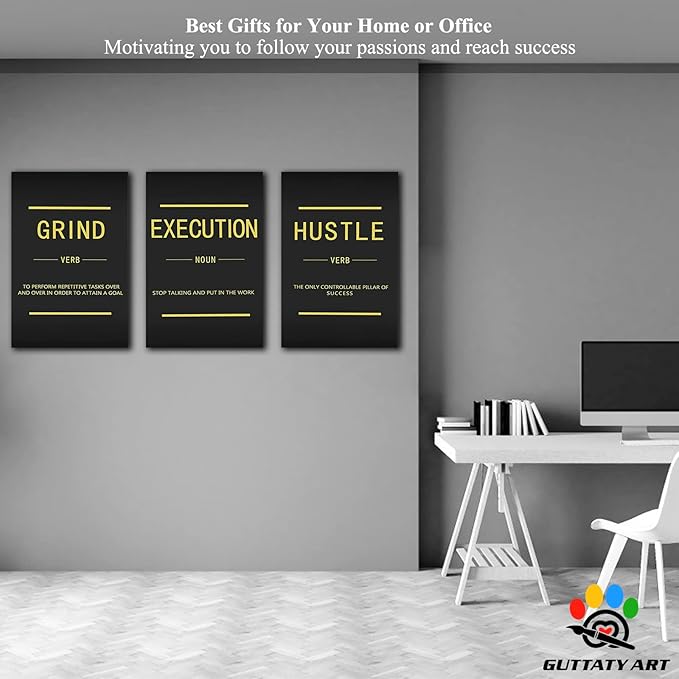Office Wall Art - 3 Panel Motivational Wall Art, Inspirational Quotes Canvas Art for Home Office Wall Decor, Positive Quotes Wall Decor, Entrepreneur Grind Hustle Execution Poster Frame (20”x30”x3Pcs)