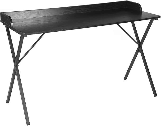 Homy Casa Modern Black Computer Desk with X-Frame Metal Legs, 47.2" x 19.7" Writing Table, Raised Edge, Minimalist Home Office Workstation