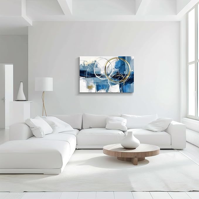 gaosoul Minimalist Abstract Canvas Wall Art Blue and Gold Doodles on White Background Painting Prints Stylish Framed Artwork for Living Room Bedroom Office Decor 36x24in