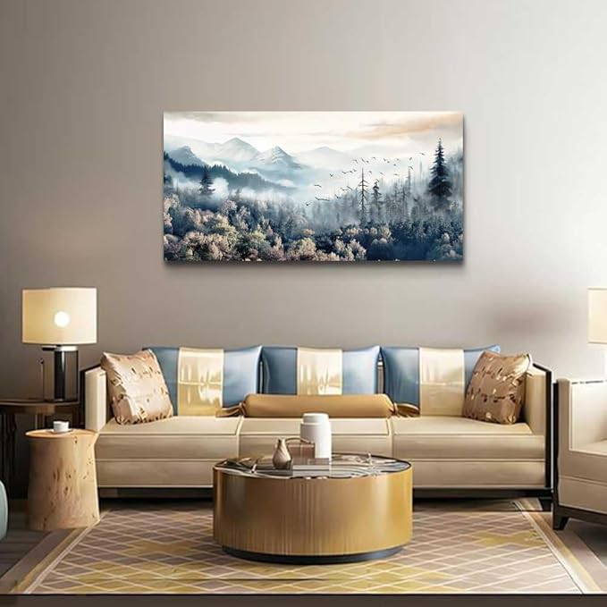 hyidecorart Framed Wall Art For Living Room Canvas Wall Decor For Office Bedroom Decorations Fog forest landscape Pictures Artwork Poster Wall Painting Canvas Prints Home Decor Works 40 X 20in