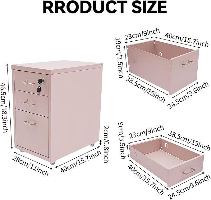 3 Drawer File Cabinet, Lockable Small Filing Cabinet for Home Office, with Wheels, Fits A4 / Letter Size, Steel Office File Cabinets (Pink)