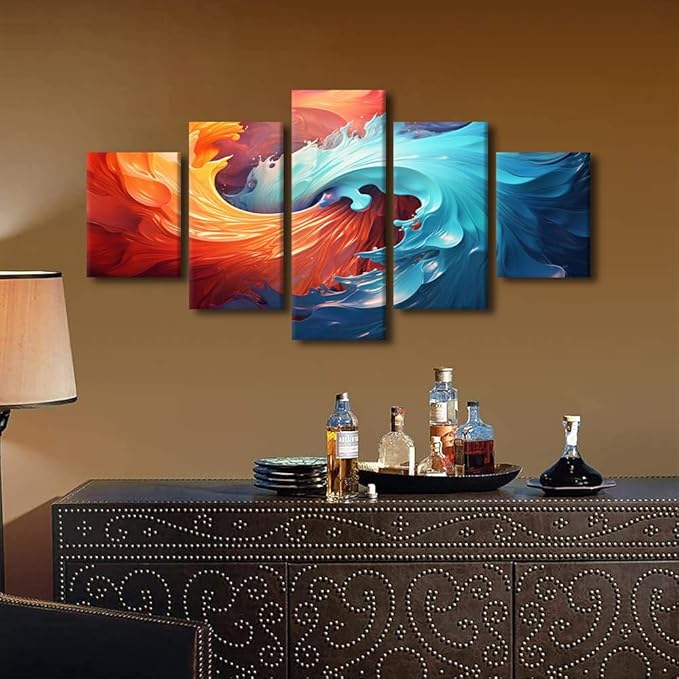 Modern Canvas Wall Art 5 Panel Water and Fire Poster Prints Native Americans Canvas Art Decor for Living Room Bedroom Office Home Wall Decoration Stretched and Framed Ready to Hang 60x32 in
