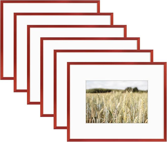 Golden State Art 8x10 Picture Frame 6 Pack - Dark Red Aluminum Photo Frames With 5x7 Mats and Real Glass Cover - Elegant Minimalist Wall Gallery Frames for Home or Office Decor