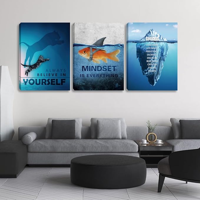 Unbruvo Motivational Wall Art for Office, 3 Pieces Cat Glacier Fish Canvas Print, Inspirational Quotes Wall Decor for Living Room, Bedroom, Dorm-(72''Wx 36''H)