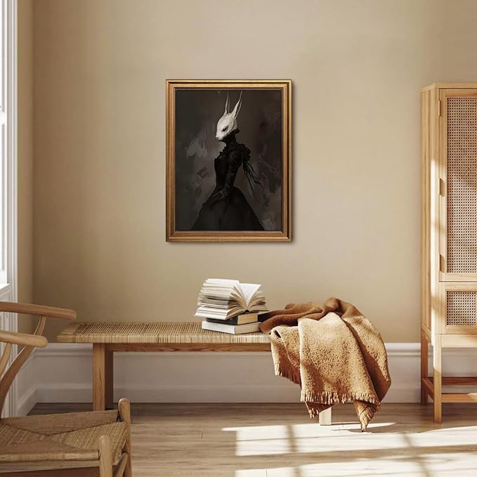 Gold Framed Wall Art Vintage Canvas Wall Art Rabbit Lady Aesthetic Dark Academia Easter Bunny Artwork Prints Picture for Living Room Bedroom Farmhouse Bathroom Office Decor, 16x24
