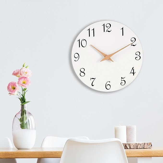 Mosewa Wall Clock White Silent Non Ticking Battery Operated Simple Minimalist Wooden Clock Decorative for Home Bedroom Living Room(14 Inch)