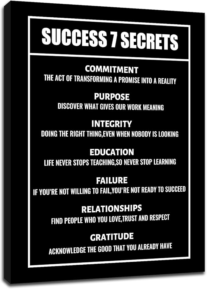 Inspirational Success 7 Secrets Canvas Wall Art Positive Entrepreneur Quotes Poster Print Discipline Picture Artwork for Living Room Classroom Office Wall Decor Stretched and Framed [30''Wx 40''H]