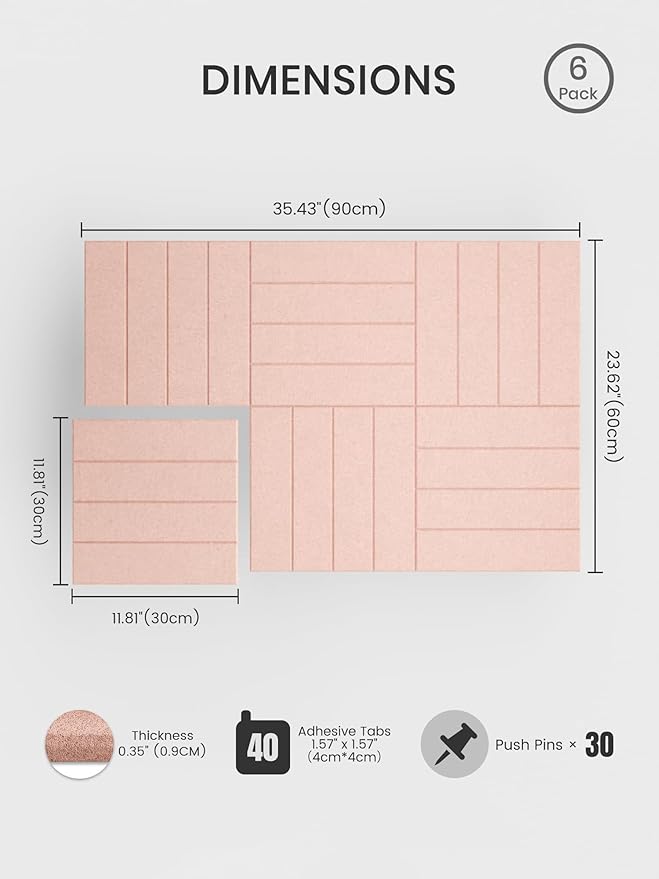 Bumusty Large Cork Board Alternative-36 x 24" Felt Bulletin Board Tiles, with 30 Pushpins, 40 Adhesive Tabs, 6-Pack Slat Wall Paneling, Cork Boards for Office Push Pin Board Felt Board-Pink