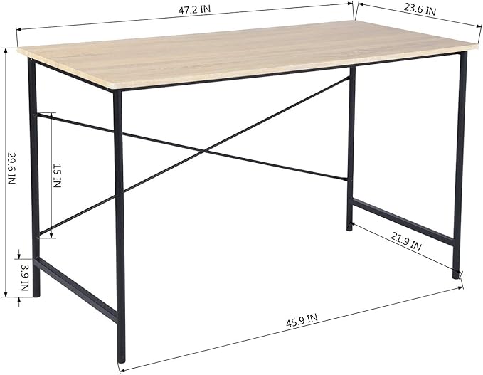 Modern Computer Desk with Light Wood Top, 47.2" x 23.6" Writing Table, Black Metal Frame with Cross Brace, Minimalist Home Office Desk for Study or Workstation or Entryway