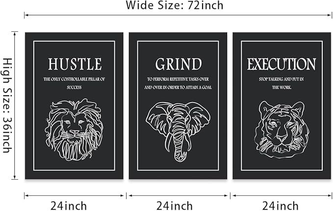 Set of 3 Motivational Wall Art - Black and White Hustle Grind Execution Canvas Prints with Lion/Elephant/Tiger Line Art, Inspirational Quote Wall Decor for Office Gym Home, Framed 24"x36"x3