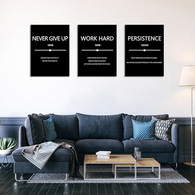 Unbruvo Inspirational Canvas Wall Art, Motivational Office Wall Decor, 3 Pieces Black Never Give Up Positive Quotes Wall Art for Workplace Living Room Bedroom(60''Wx 28''H)