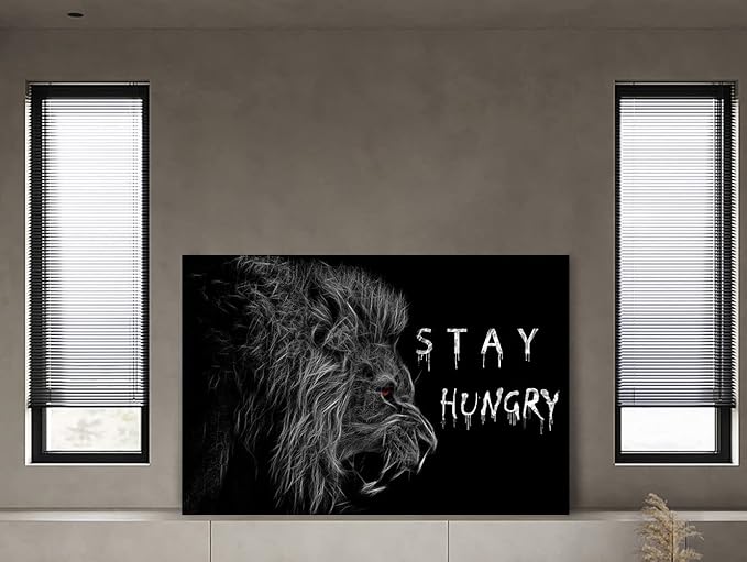 Abstract Motivational Canvas Wall Art, Stay Hungry Roaring Lion Pictures Black White Retro Inspirational Animals Prints Artwork for Study Room Classroom Office Wall Decor Framed Easy to Hang-36x24 inches