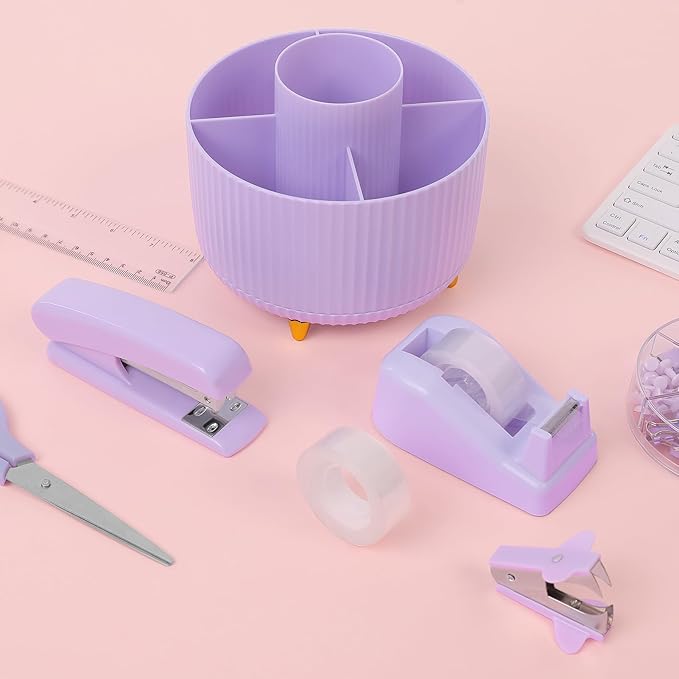 Office Accessories, 10Pcs, 360-Degree Rotating Pen Holder, Office Supplies Include Stapler, Tape, Tape Holder, Scissors, Ruler, Staple Remover, 1 Box of Staples, Paper Clips Kit for Office School