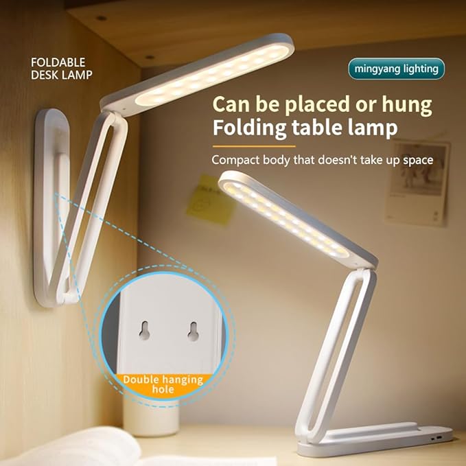 Foldable LED Desk Lamp, Slim Rechargeable USB Table Light, 2400mAh Reading Lamps, 3 Color Modes & Stepless Dimming, Portable Small Desk Light for Office Home Dormitory