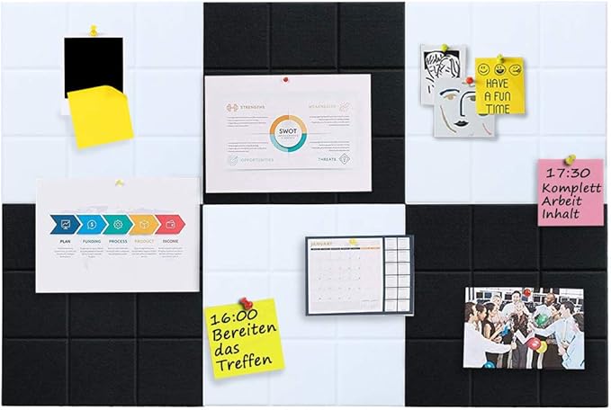 Large Felt Board Tiles for Wall with 30 Push Pins, 11.8"x11.8" Pack of 6 Pin Board Notice Boards for Home Office Kitchen, Bulletin Board Wall Tiles for Photos Memos (Black+White, 6 Pack)