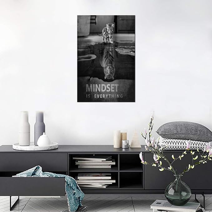 Inspirational Canvas Wall Art with Cat and Tiger Picture Motivational Quotes Mindset is Everything Canvas Painting Entrepreneur Office Wall Decor Artwork Framed Ready to Hang - 12''W x 16''H