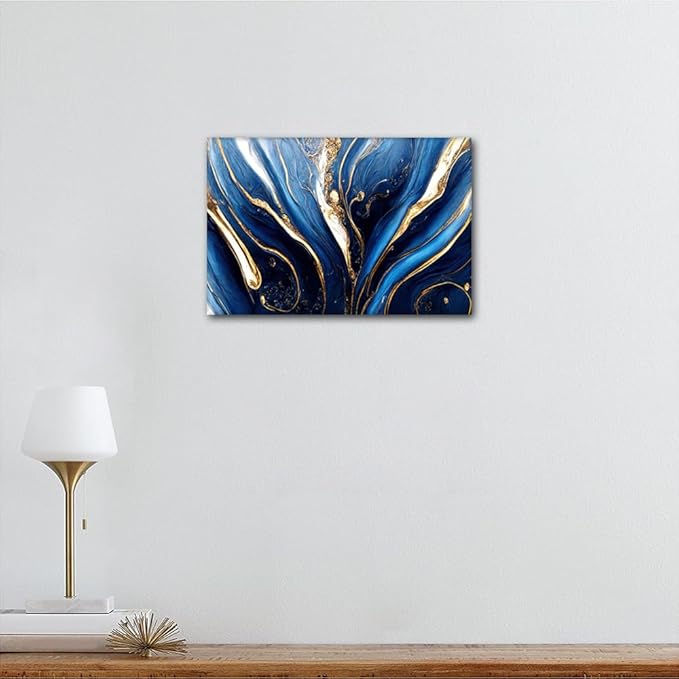 1 Panel Wall Art Decor Abstract Canvas Artwork Digital Art Marbling Texture Picture Blue Gold and White Colors Poster Prints for Men Office Wall Decor Stretched and Framed Ready to Hang 24x16 in